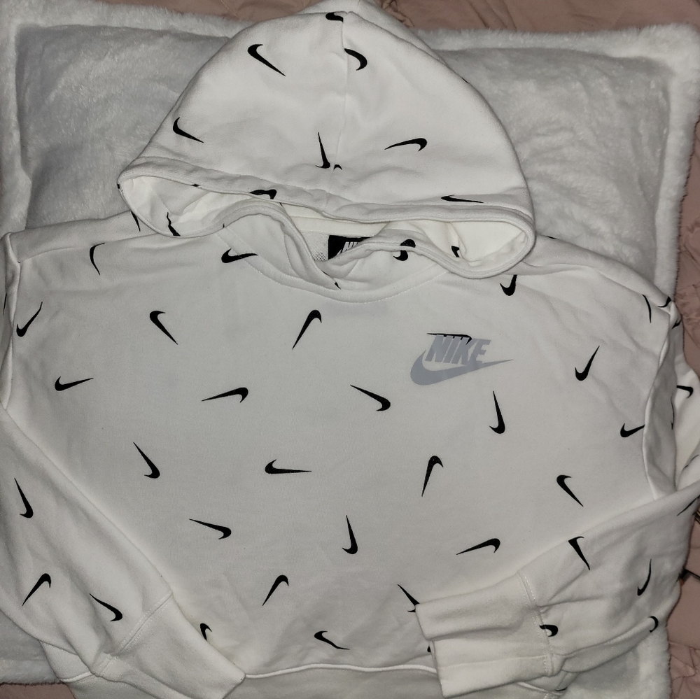 Nike cropped Size Large White w Black Logos Hooded Sweatshirt Lightly Used